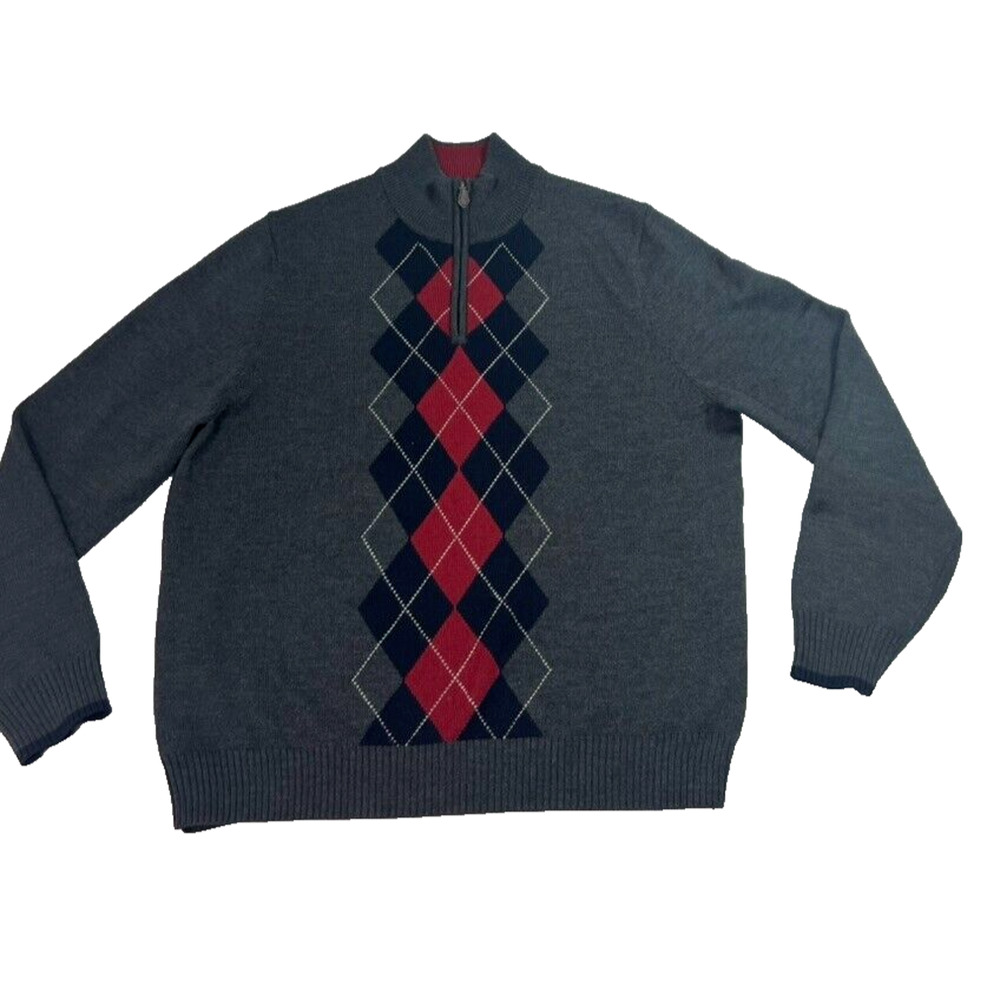 Brooks Brother Sweater Men M Gray Red 100% Merino Wool Half Zip Argyle Mock Neck - Picture 3 of 8